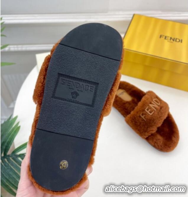 Grade Quality Fendi Logo Wool Flat Slides Sandal Brown 1122074