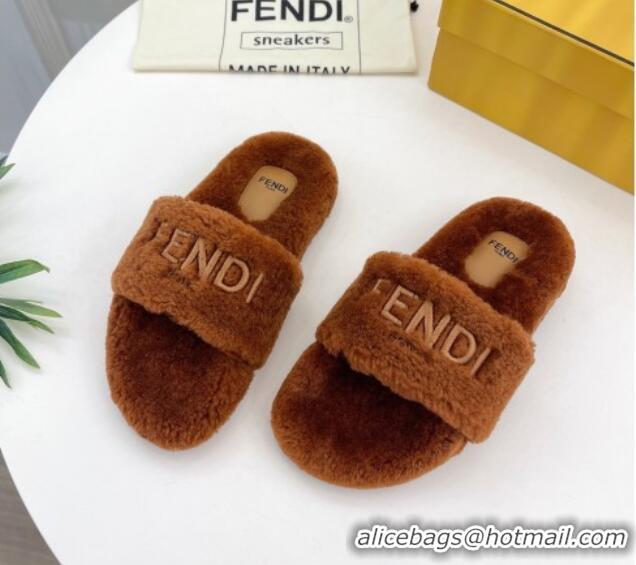 Grade Quality Fendi Logo Wool Flat Slides Sandal Brown 1122074