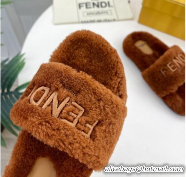 Grade Quality Fendi Logo Wool Flat Slides Sandal Brown 1122074