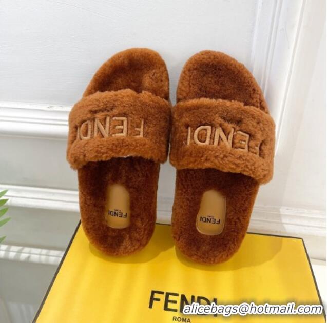 Grade Quality Fendi Logo Wool Flat Slides Sandal Brown 1122074