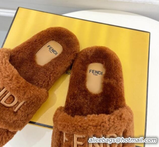 Grade Quality Fendi Logo Wool Flat Slides Sandal Brown 1122074