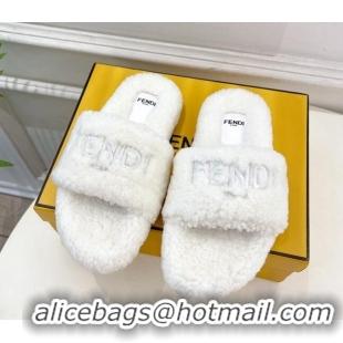 Best Grade Fendi Logo Wool Flat Slides Sandal White 1122075