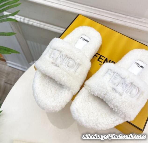 Best Grade Fendi Logo Wool Flat Slides Sandal White 1122075