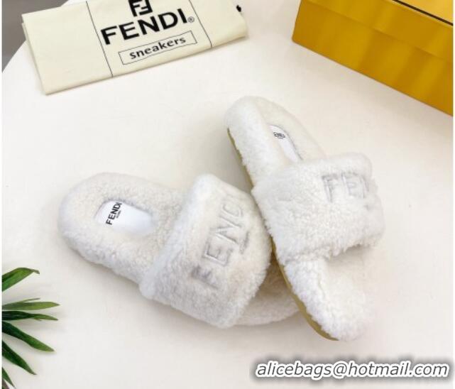 Best Grade Fendi Logo Wool Flat Slides Sandal White 1122075