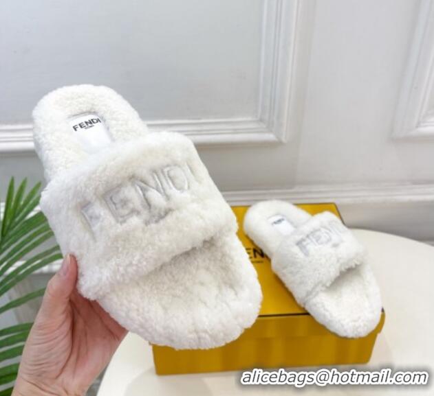 Best Grade Fendi Logo Wool Flat Slides Sandal White 1122075