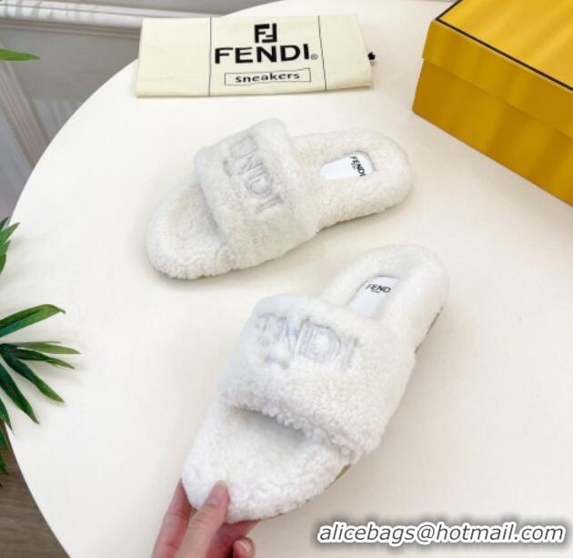 Best Grade Fendi Logo Wool Flat Slides Sandal White 1122075