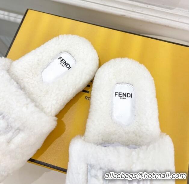 Best Grade Fendi Logo Wool Flat Slides Sandal White 1122075