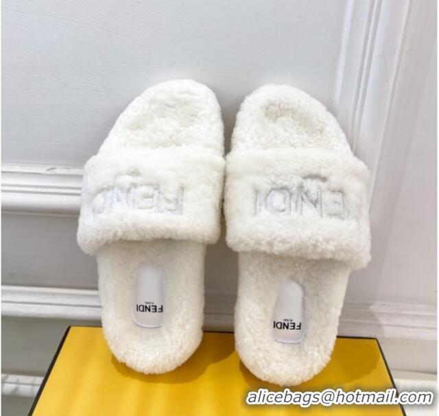 Best Grade Fendi Logo Wool Flat Slides Sandal White 1122075