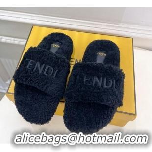 Low Price Fendi Logo Wool Flat Slides Sandal Black 1122076