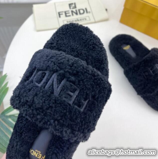 Low Price Fendi Logo Wool Flat Slides Sandal Black 1122076