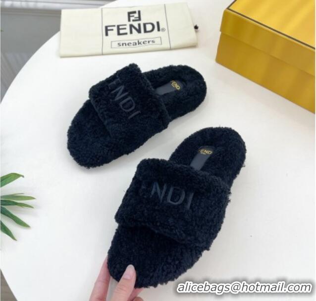 Low Price Fendi Logo Wool Flat Slides Sandal Black 1122076