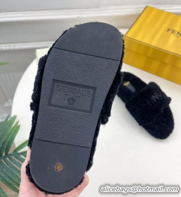 Low Price Fendi Logo Wool Flat Slides Sandal Black 1122076