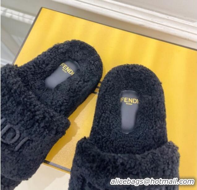 Low Price Fendi Logo Wool Flat Slides Sandal Black 1122076