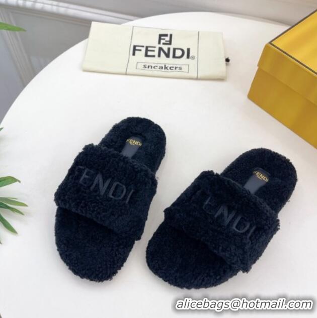 Low Price Fendi Logo Wool Flat Slides Sandal Black 1122076