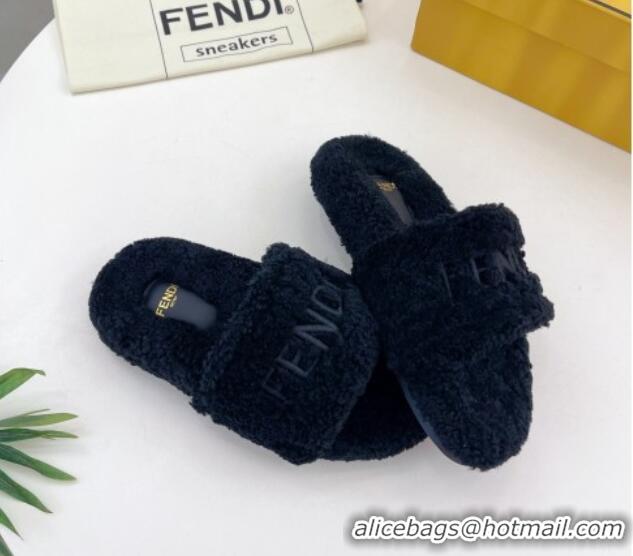 Low Price Fendi Logo Wool Flat Slides Sandal Black 1122076