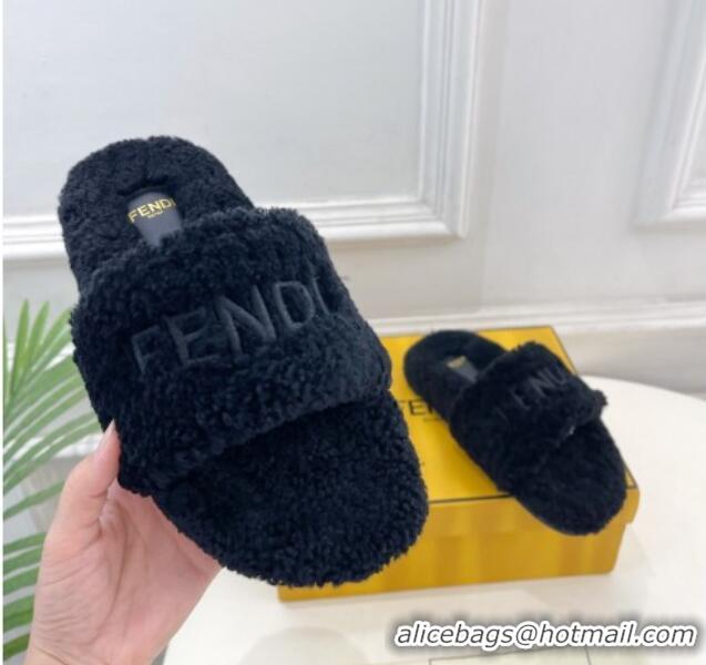 Low Price Fendi Logo Wool Flat Slides Sandal Black 1122076