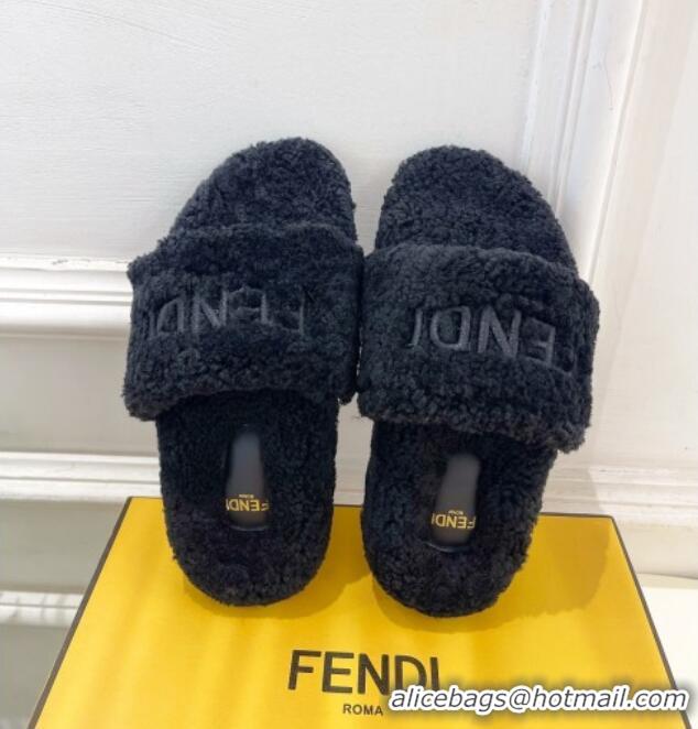 Low Price Fendi Logo Wool Flat Slides Sandal Black 1122076