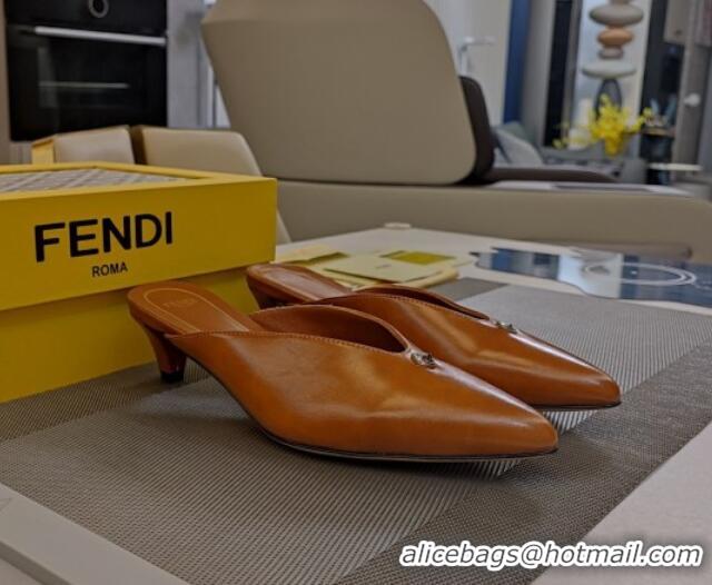 Best Product Fendi Feel Heel Mules 4.5cm with Studs in Shiny Calfskin Tan Brown 1122079