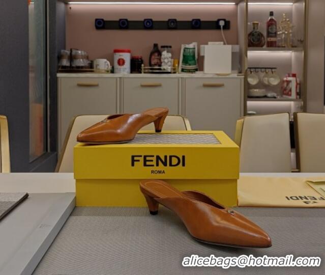 Best Product Fendi Feel Heel Mules 4.5cm with Studs in Shiny Calfskin Tan Brown 1122079