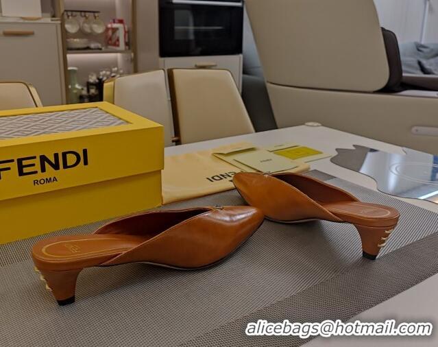 Best Product Fendi Feel Heel Mules 4.5cm with Studs in Shiny Calfskin Tan Brown 1122079