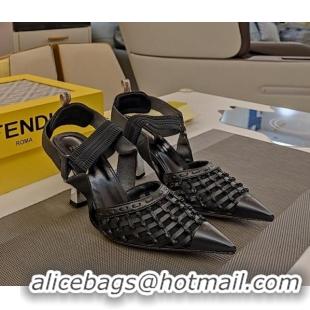 Fashion Luxury Fendi Colibri Slingback Pumps 6.5cm in Knot Woven Calfskin and Mesh Black 122083