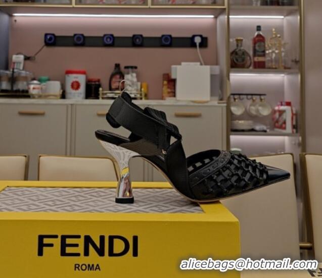 Fashion Luxury Fendi Colibri Slingback Pumps 6.5cm in Knot Woven Calfskin and Mesh Black 122083