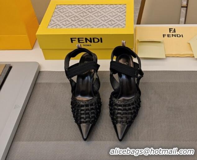 Fashion Luxury Fendi Colibri Slingback Pumps 6.5cm in Knot Woven Calfskin and Mesh Black 122083