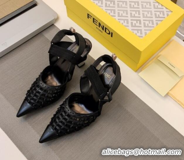 Fashion Luxury Fendi Colibri Slingback Pumps 6.5cm in Knot Woven Calfskin and Mesh Black 122083