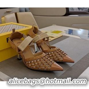 Fashion Fendi Colibri Slingback Pumps 6.5cm in Knot Woven Calfskin and Mesh Brown 1122084