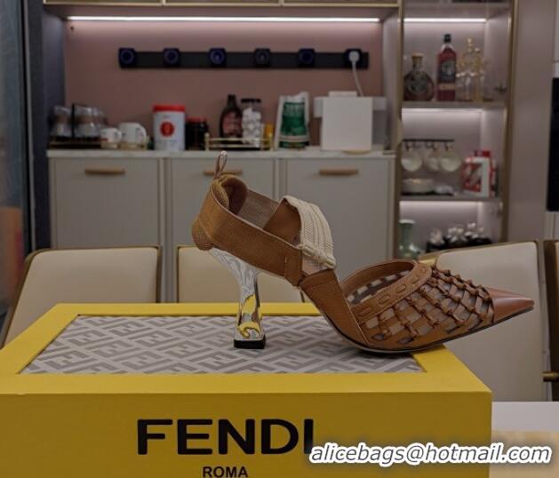 Fashion Fendi Colibri Slingback Pumps 6.5cm in Knot Woven Calfskin and Mesh Brown 1122084