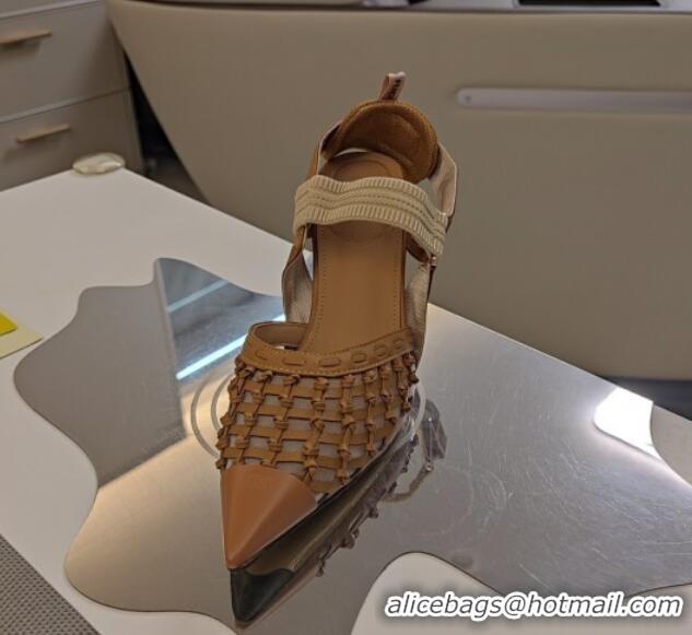 Fashion Fendi Colibri Slingback Pumps 6.5cm in Knot Woven Calfskin and Mesh Brown 1122084