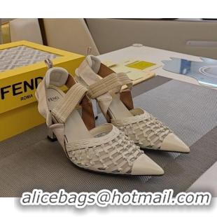 Unique Style Fendi Colibri Slingback Pumps 6.5cm in Knot Woven Calfskin and Mesh White 1122086