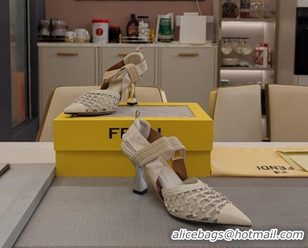 Unique Style Fendi Colibri Slingback Pumps 6.5cm in Knot Woven Calfskin and Mesh White 1122086