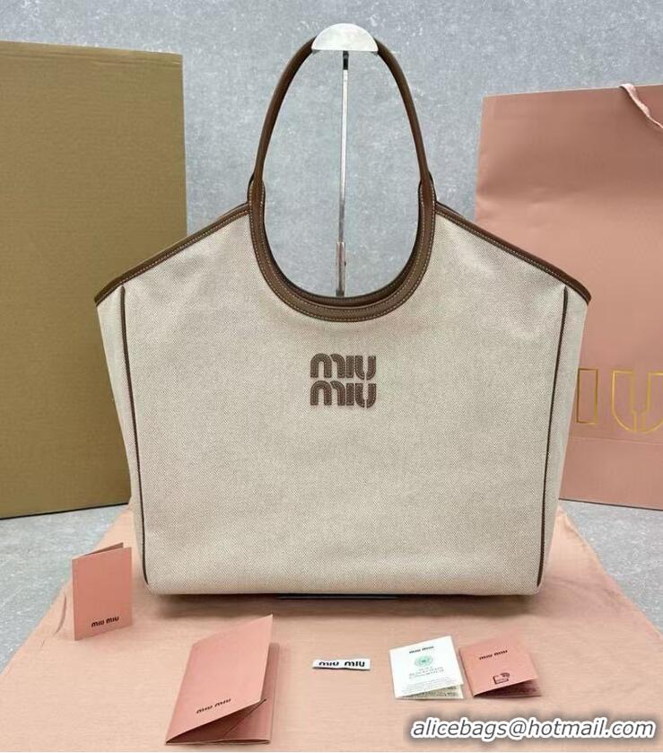 Buy Discount Miu Miu Large Ivy Tote Bag In Canvas And Leather M8792 Beige/Brown