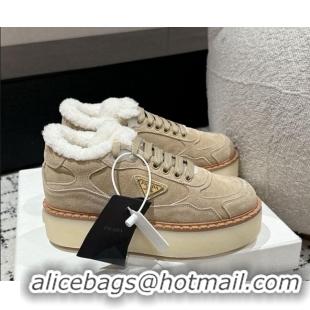 Classic Hot Prada Suede Mid-top Platform Sneakers with Shearling Lining 1T725N Beige 1122052