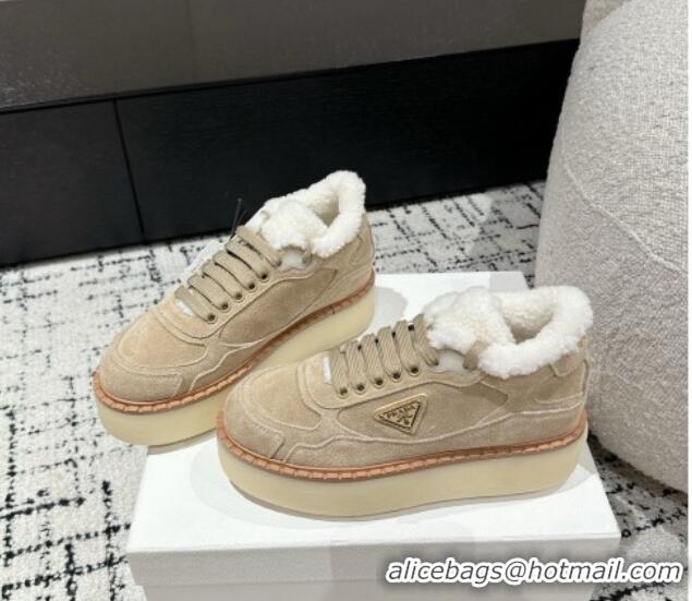 Classic Hot Prada Suede Mid-top Platform Sneakers with Shearling Lining 1T725N Beige 1122052