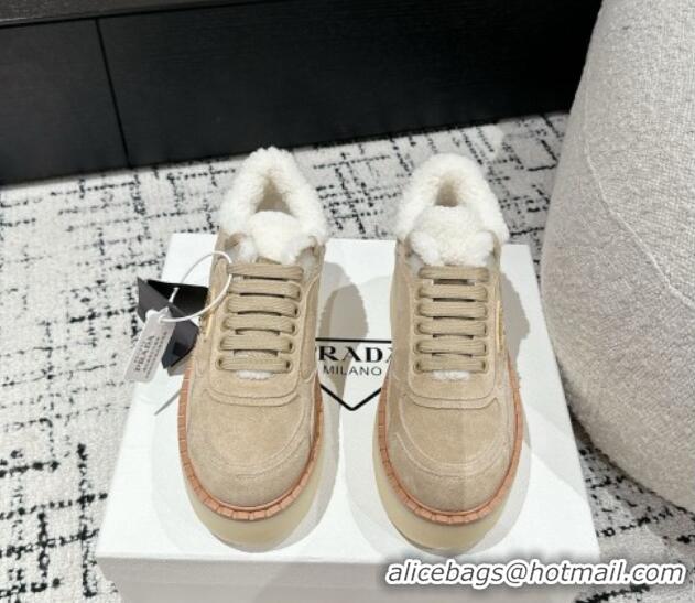 Classic Hot Prada Suede Mid-top Platform Sneakers with Shearling Lining 1T725N Beige 1122052