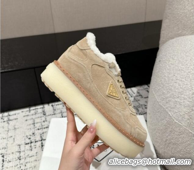 Classic Hot Prada Suede Mid-top Platform Sneakers with Shearling Lining 1T725N Beige 1122052