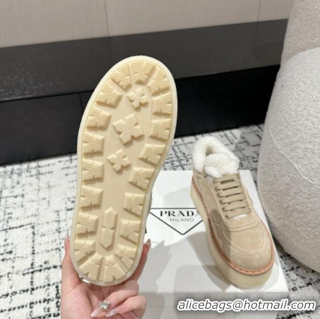 Classic Hot Prada Suede Mid-top Platform Sneakers with Shearling Lining 1T725N Beige 1122052