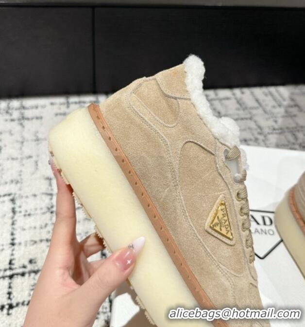 Classic Hot Prada Suede Mid-top Platform Sneakers with Shearling Lining 1T725N Beige 1122052