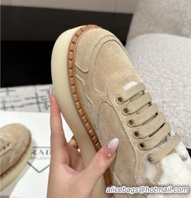 Classic Hot Prada Suede Mid-top Platform Sneakers with Shearling Lining 1T725N Beige 1122052