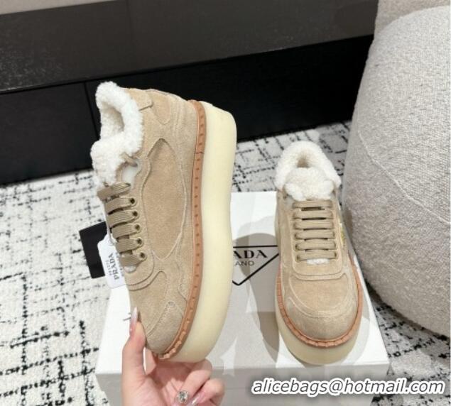 Classic Hot Prada Suede Mid-top Platform Sneakers with Shearling Lining 1T725N Beige 1122052