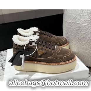 Perfect Prada Suede Mid-top Platform Sneakers with Shearling Lining 1T725N Taupe Grey 1122053