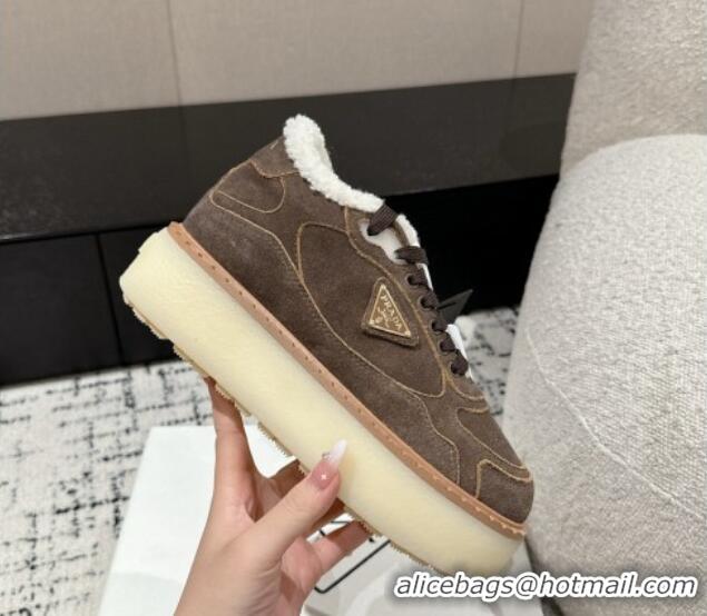 Perfect Prada Suede Mid-top Platform Sneakers with Shearling Lining 1T725N Taupe Grey 1122053