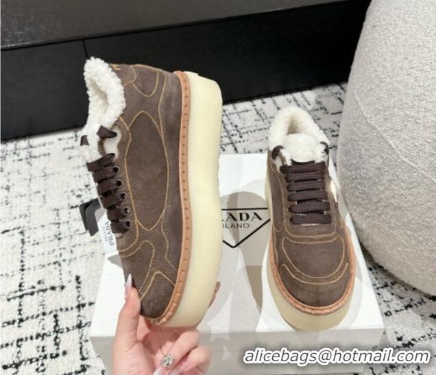 Perfect Prada Suede Mid-top Platform Sneakers with Shearling Lining 1T725N Taupe Grey 1122053