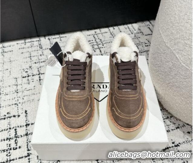 Perfect Prada Suede Mid-top Platform Sneakers with Shearling Lining 1T725N Taupe Grey 1122053