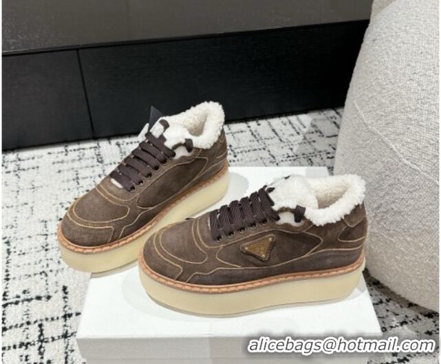 Perfect Prada Suede Mid-top Platform Sneakers with Shearling Lining 1T725N Taupe Grey 1122053