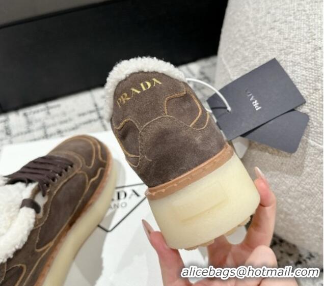 Perfect Prada Suede Mid-top Platform Sneakers with Shearling Lining 1T725N Taupe Grey 1122053