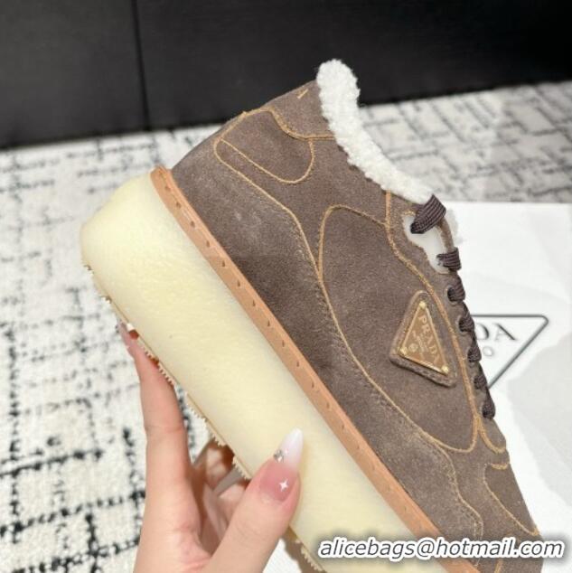 Perfect Prada Suede Mid-top Platform Sneakers with Shearling Lining 1T725N Taupe Grey 1122053