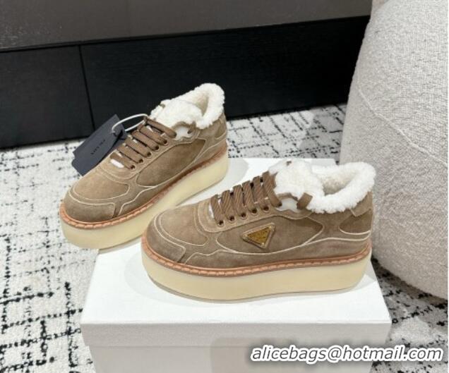 Unique Style Prada Suede Mid-top Platform Sneakers with Shearling Lining 1T725N Beige 1122054